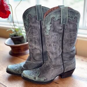 American Rebel Cowboy Boots Womens 6.5 Blue & Grey Leather Western Stitched EUC
